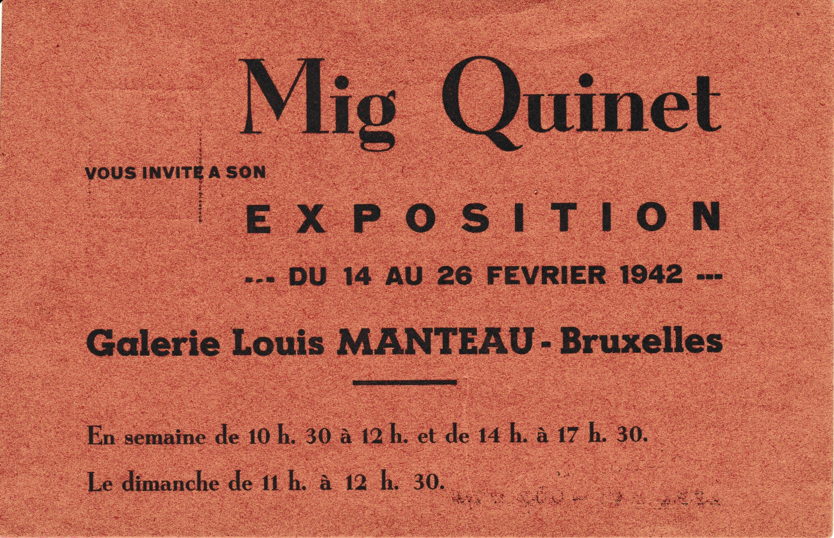 invitation exposition personnelle Mig Quinet à galerie manteau, Bruxelles 1942