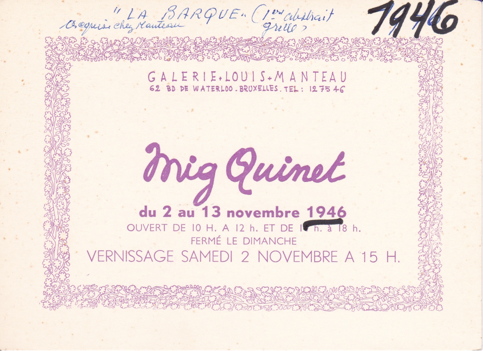 exposition personnelle de Mig Quinet à la galerie Manteau, Bruxelles, 1946