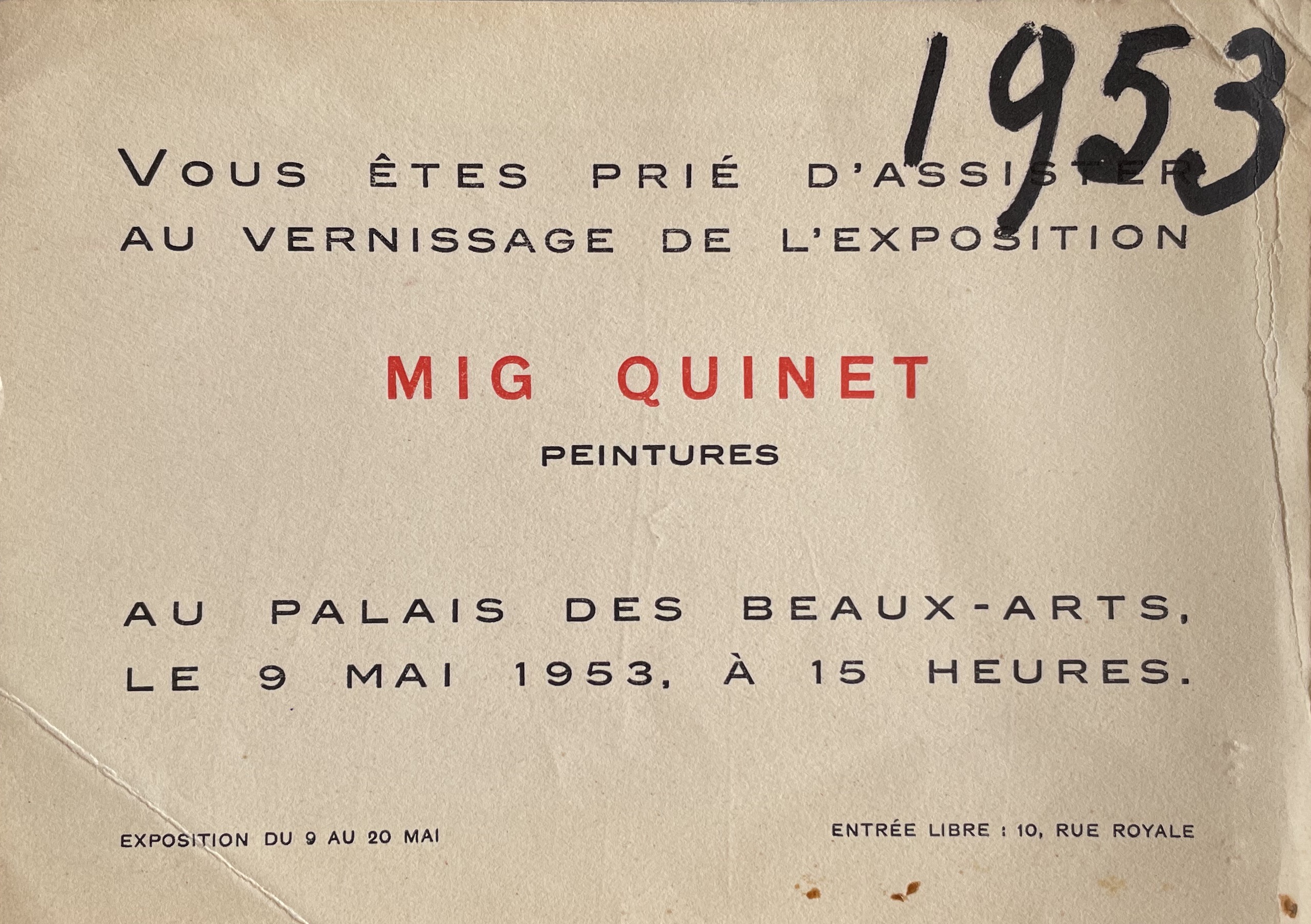 Mig Quinet au Palais des Beaux-Arts, 1953