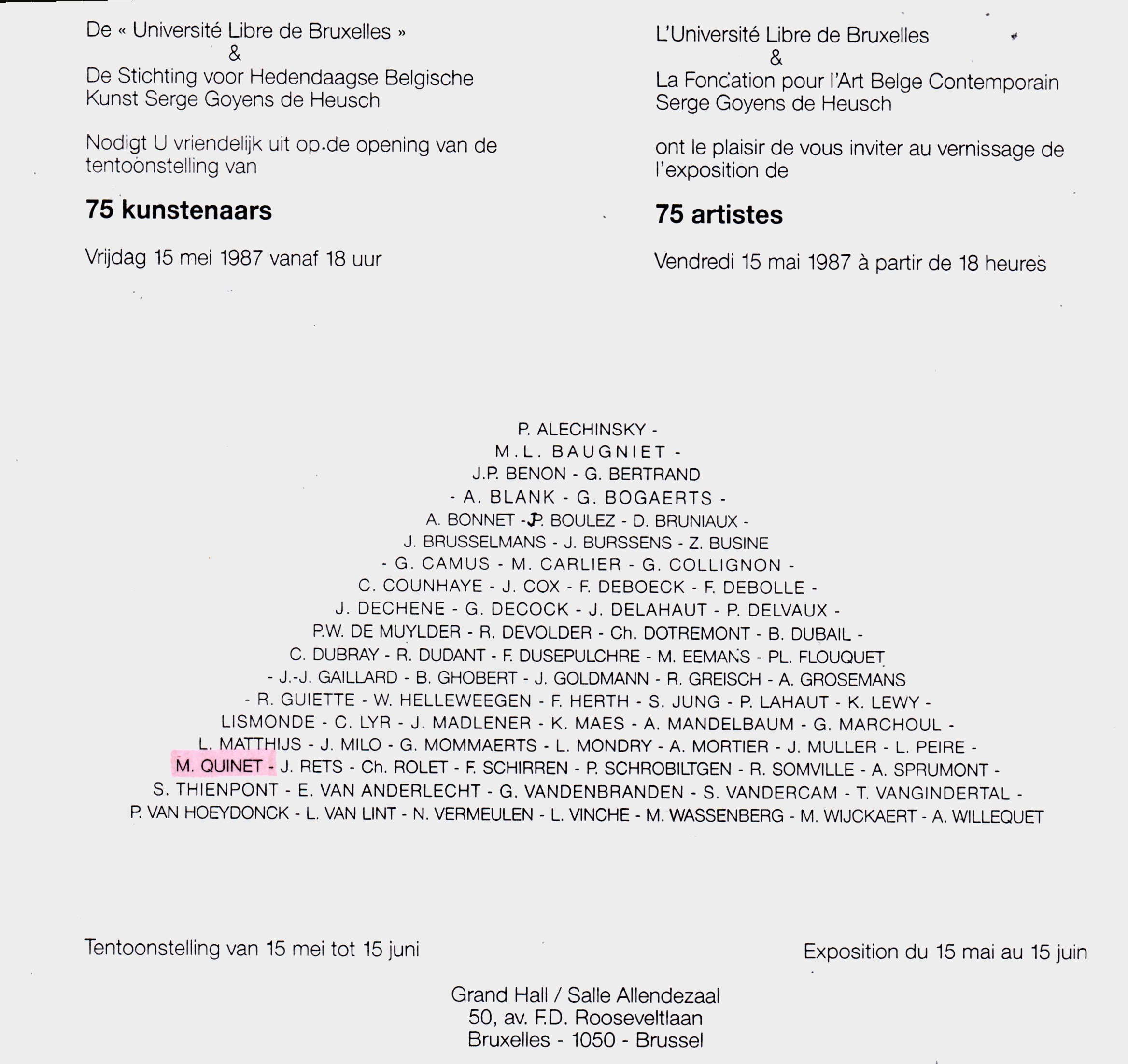 75 artistes, Fondation pour l'Art Belge Contemporain, ulb, bruxelles, 1987