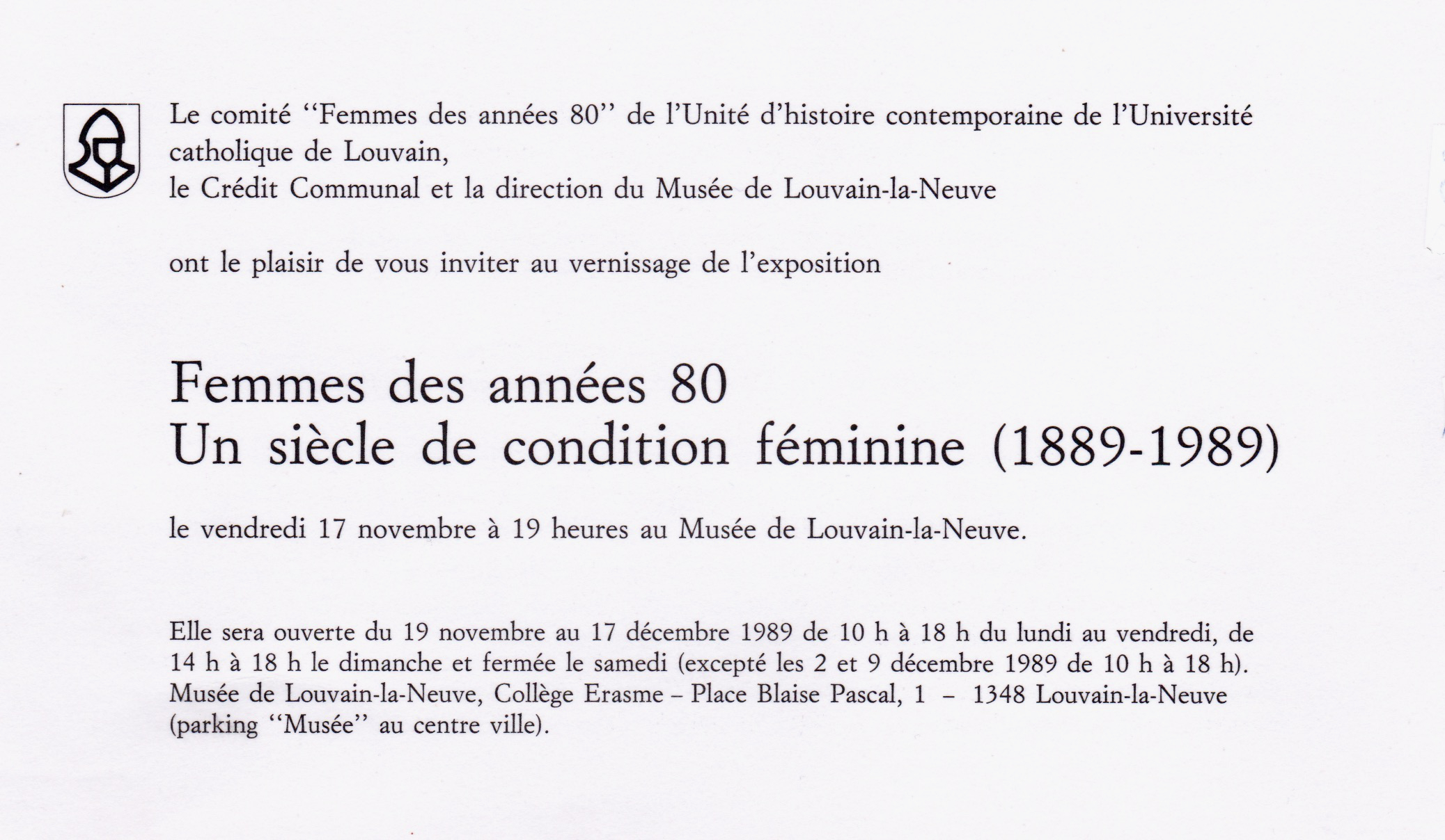 Femmes des années 80, Un siècle de condition féminine, musée L, louvain-la-neuve, 1989