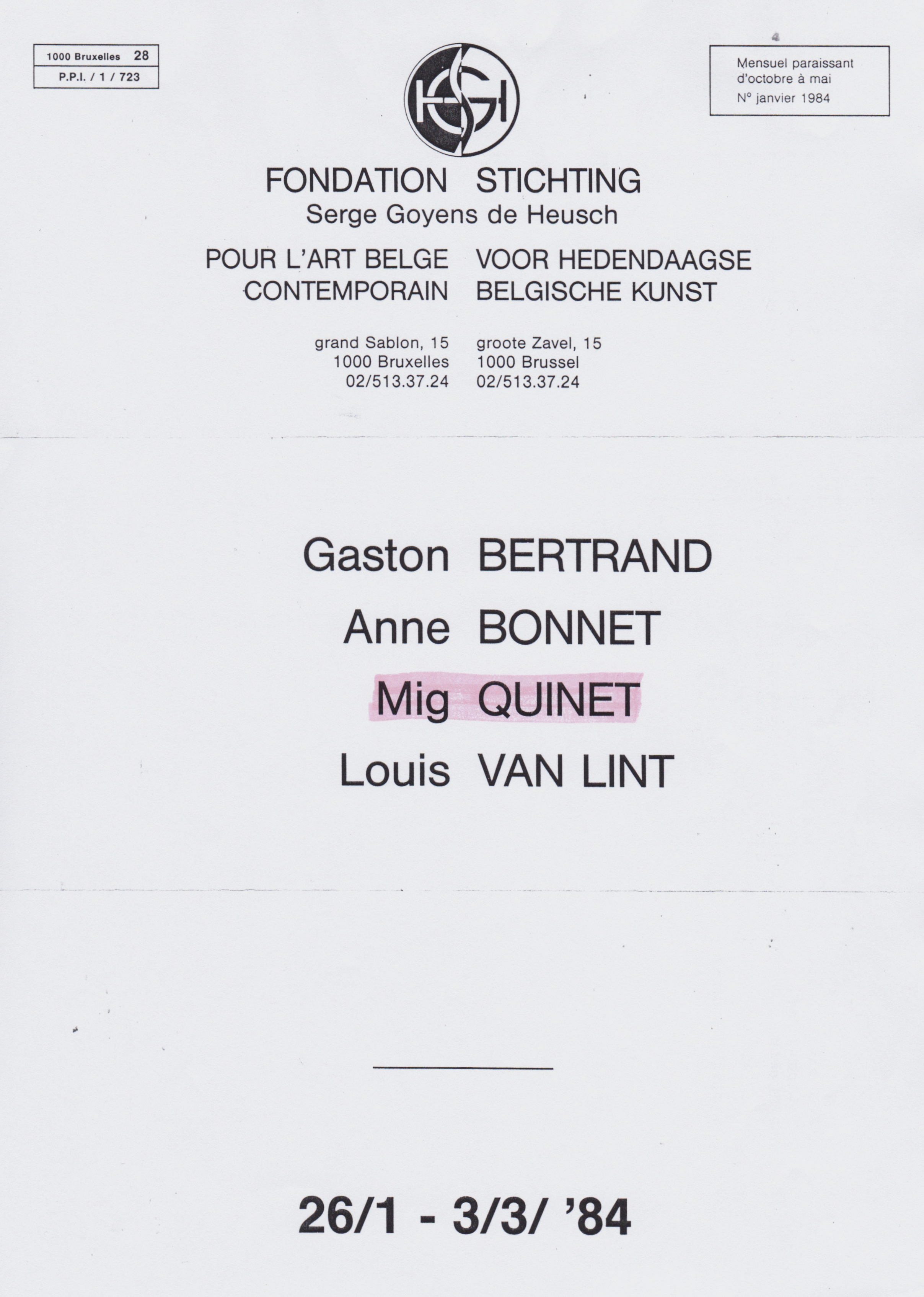 Quatuor, Bertrand-Bonnet-Quinet-Van Lint, Fondation pour l'Art Belge Contemporain, 1984