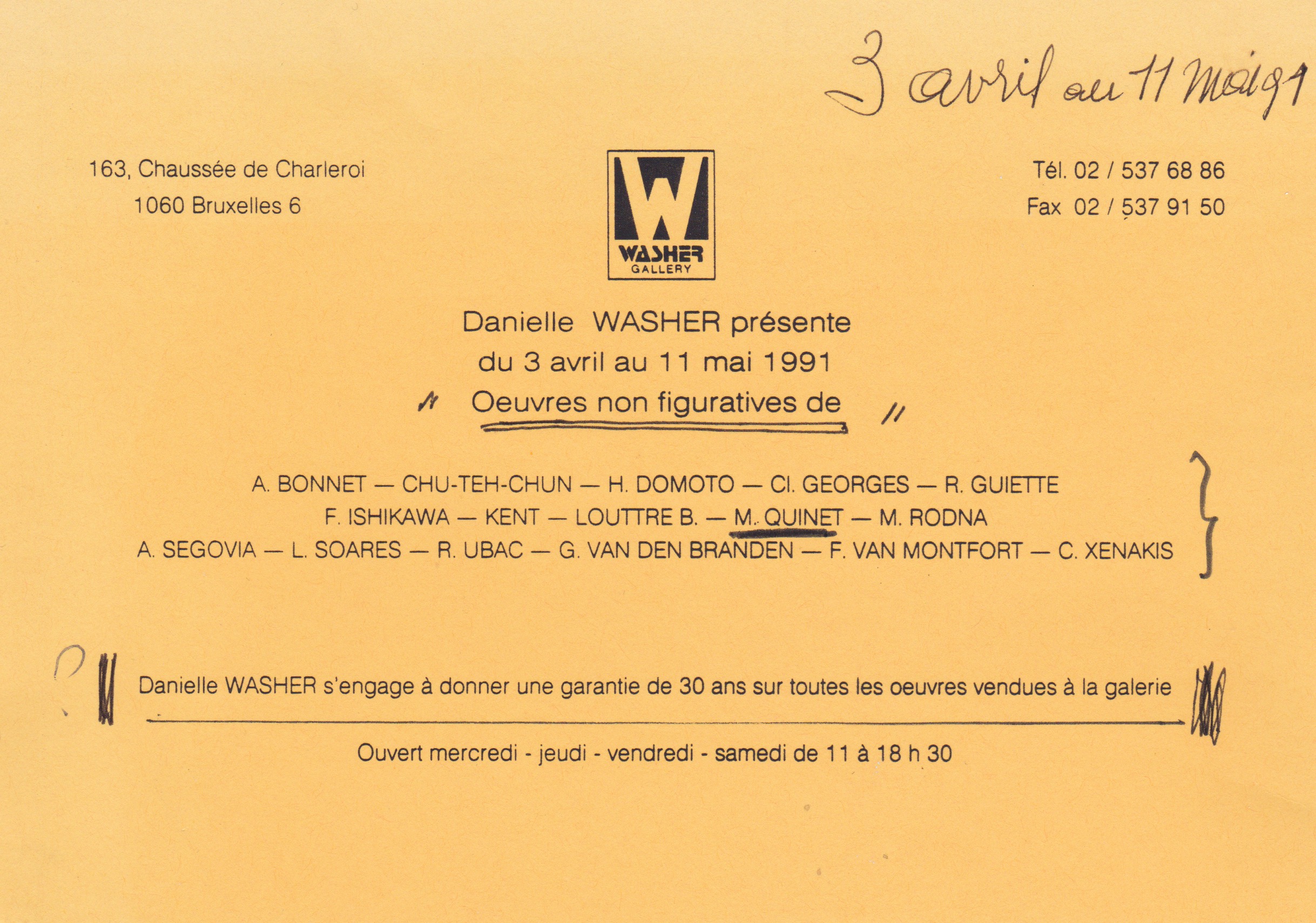 œuvres non figuratives, Washer Gallery, Bruxelles, 1991