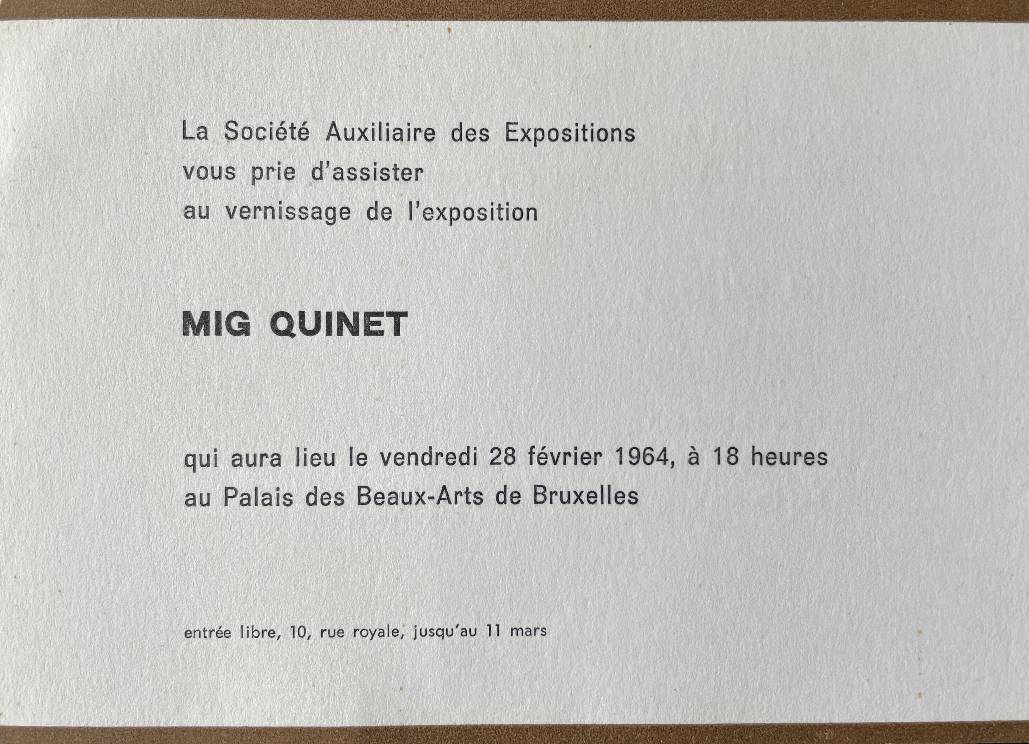 Mig Quinet au Palais des eaux-Arts, Bruxelles, 1964