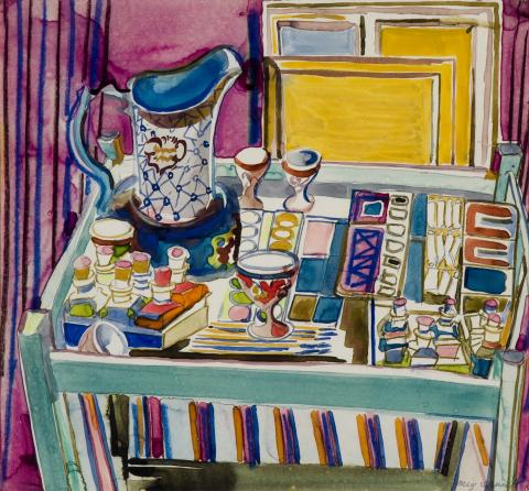 Mig Quinet, Table d’aquarelles et le pot blueband, 1945