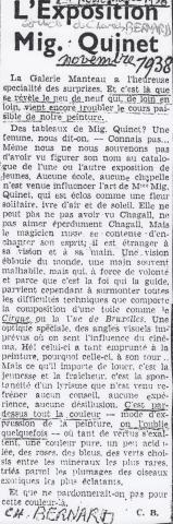 Bernard Charles, L’exposition Mig Quinet, L’Indépendance belge, novembre 1938