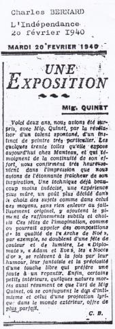 Bernard Charles, Une exposition Mig Qunet, in. L'Indépendance, 20 février 1940