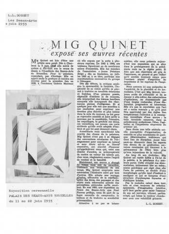 1955 L.L. Sosset, journal des Beaux-Arts, Mig Quinet expose ses œuvres récentes