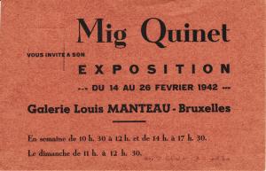 invitation exposition personnelle Mig Quinet à galerie manteau, Bruxelles 1942