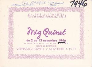 exposition personnelle de Mig Quinet à la galerie Manteau, Bruxelles, 1946